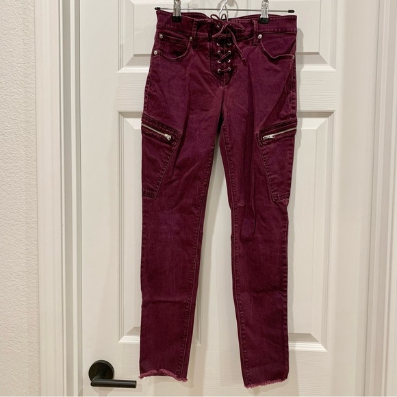 NWOT EXPRESS Maroon Lace-Up Corset Fly Denim Mid-Rise Ankle Leggings - Picture 2 of 8